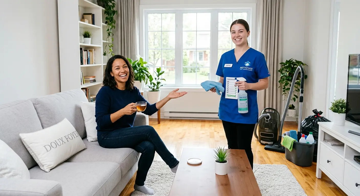 Cliente détendue pendant qu'une agente Lisa Conciergerie termine le nettoyage de son salon